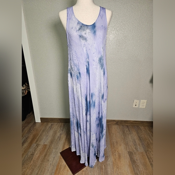 Summer Maxi Dress Blue Tie Die Rayon Sleeveless Tank Flowy Dress OS Lg - Picture 2 of 12